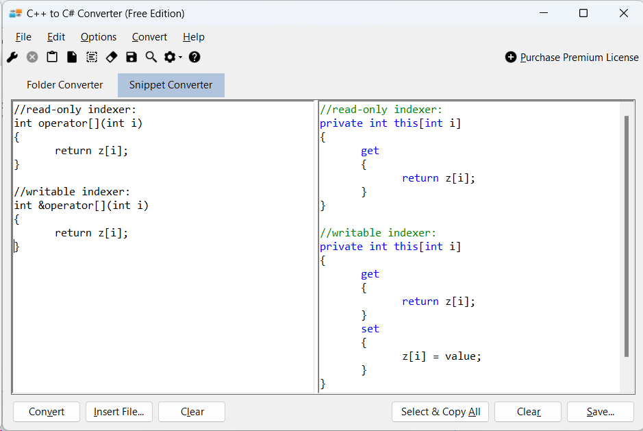 Sample showing C++ to C# indexer conversion using C++ to C# Converter