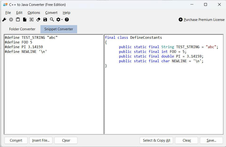 Sample showing C++ to Java #define constants conversion using C++ to Java Converter