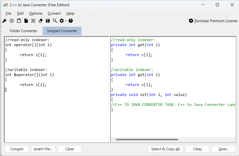 Sample showing C++ to Java indexer conversion using C++ to Java Converter