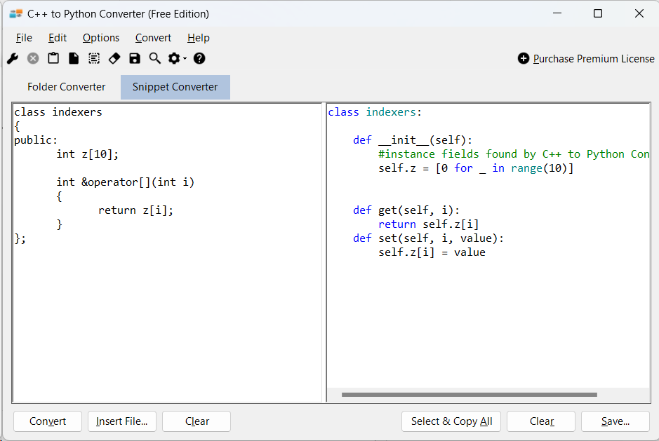 Sample showing C++ to Python indexer conversion using C++ to Python Converter