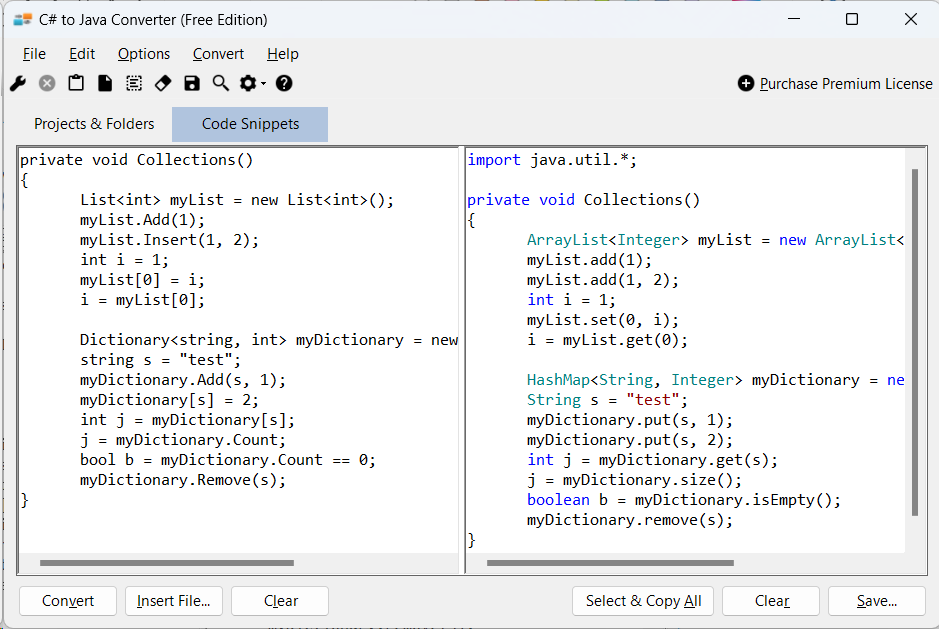 Sample showing C# to Java collections conversion using C# to Java Converter
