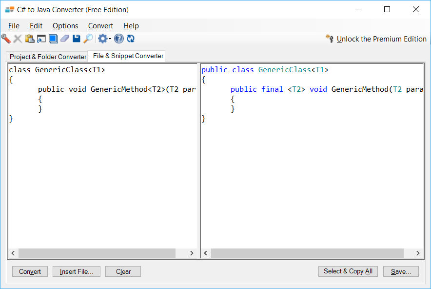 Sample showing C# to Java generics conversion using C# to Java Converter