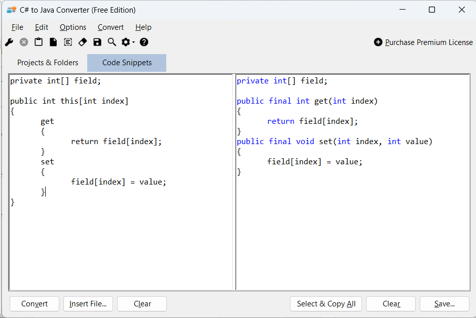 Sample showing C# to Java indexer conversion using C# to Java Converter
