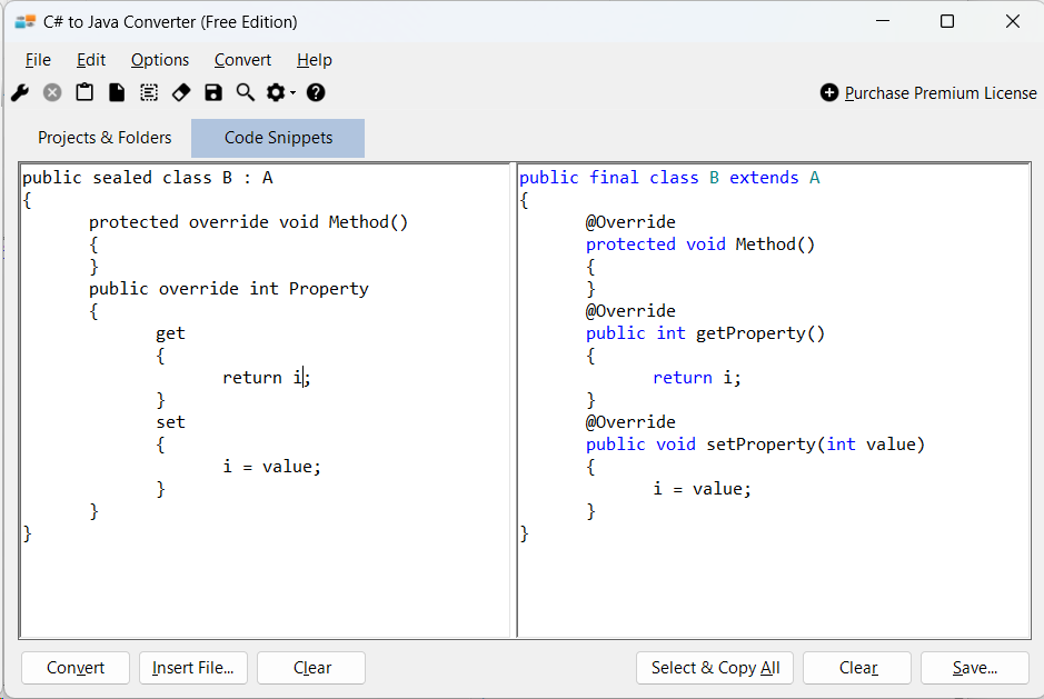 Sample showing C# to Java inheritance conversion using C# to Java Converter