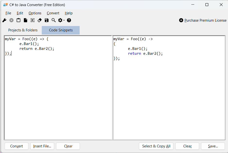 Sample showing C# to Java lambda conversion using C# to Java Converter