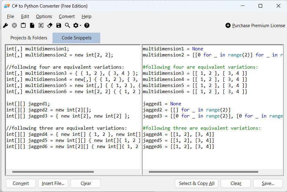 Sample showing C# to Python array conversion using C# to Python Converter