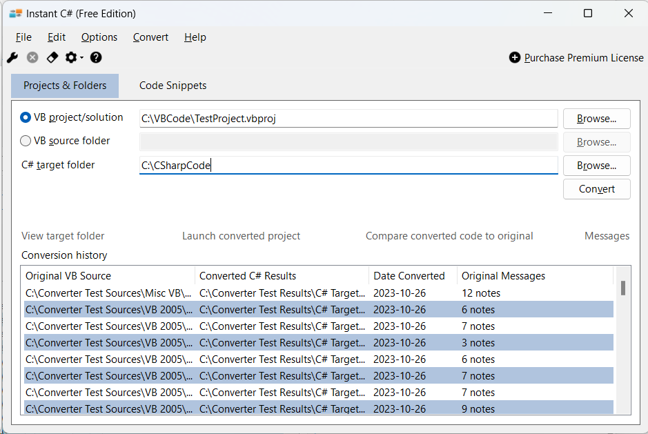 Display of the project conversion tab of Instant C#