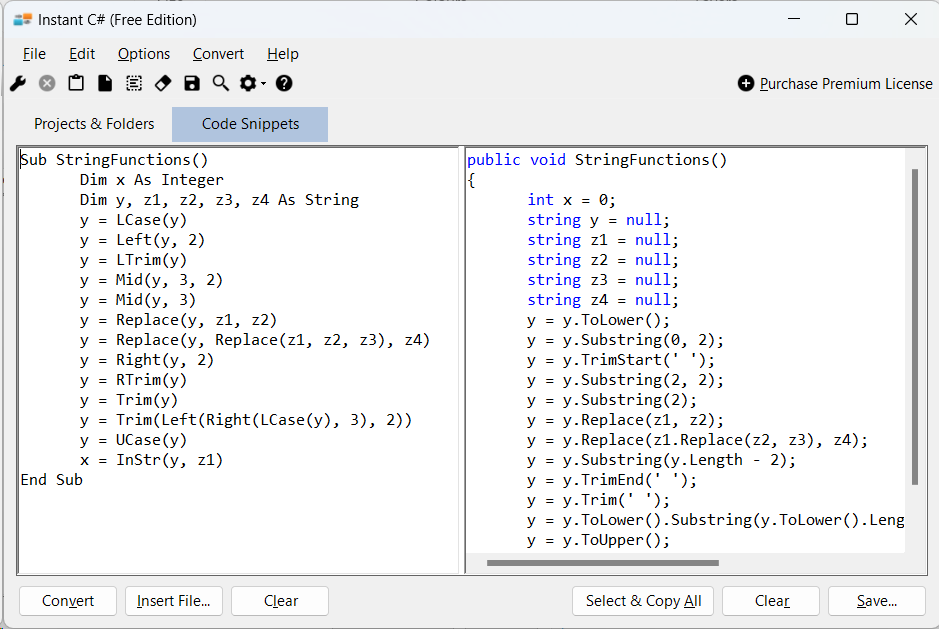 Sample showing conversion of VB.NET legacy string functions to C#