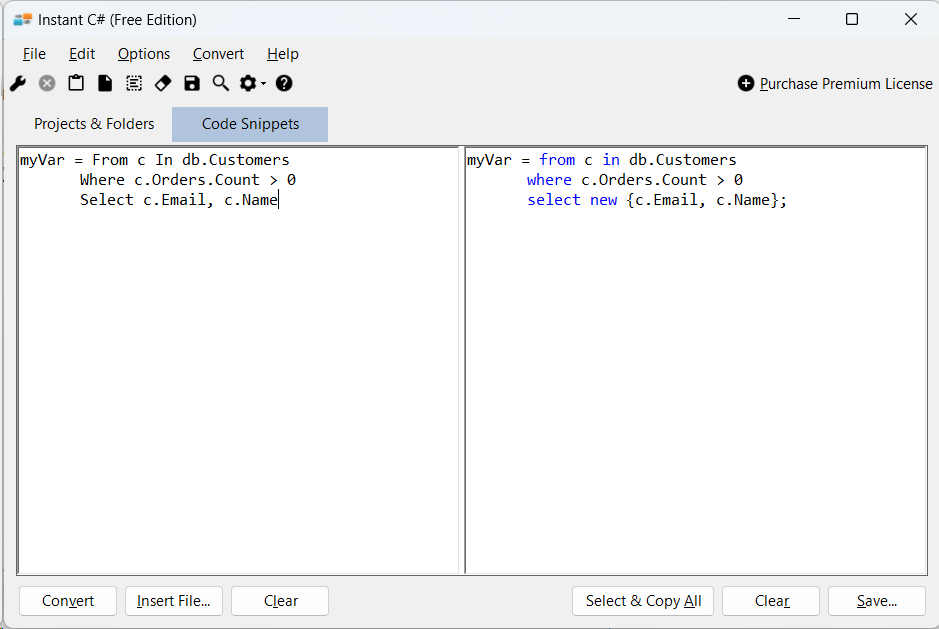 Sample showing VB.NET to C# LINQ conversion using Instant C#