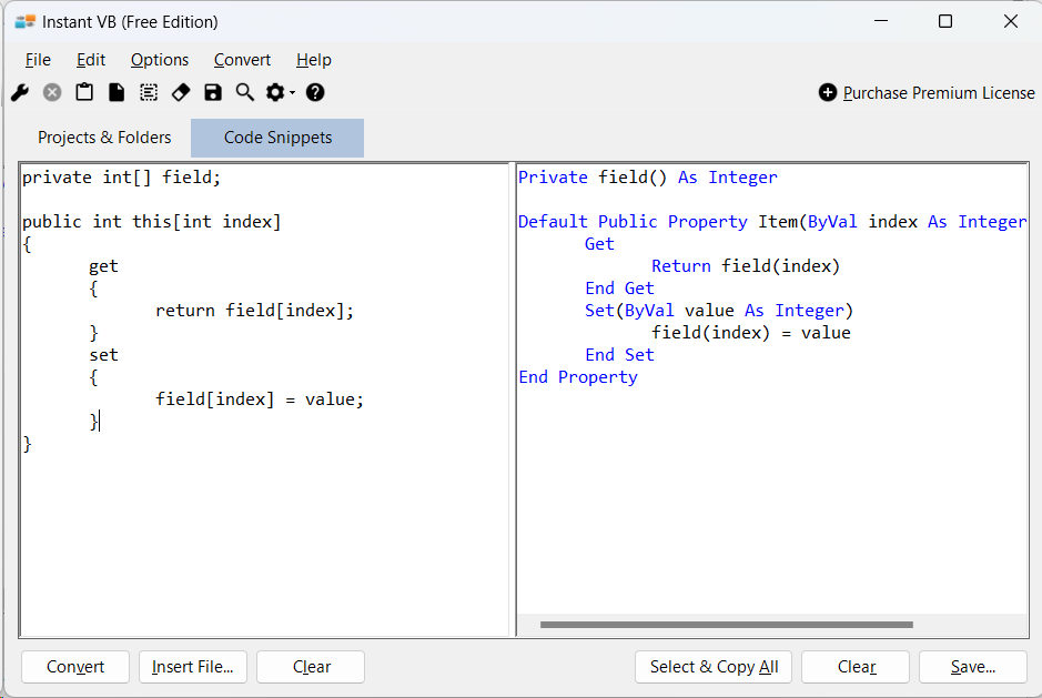 Sample showing C# to VB.NET indexer conversion using Instant VB