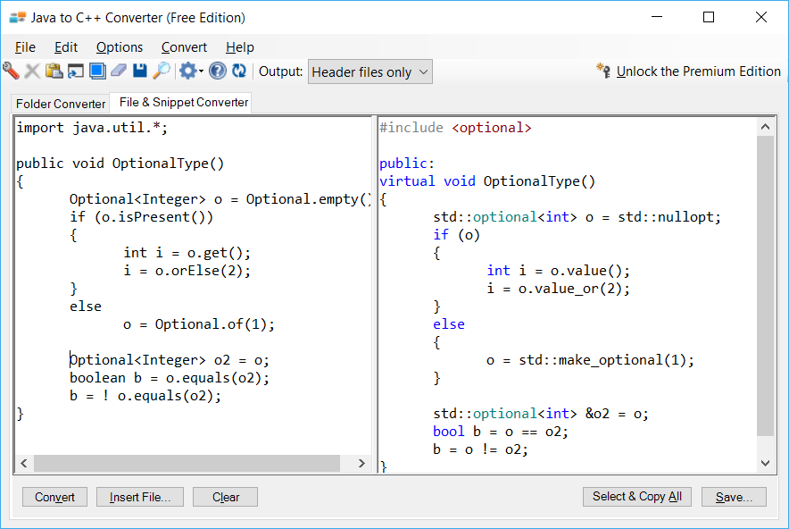 Sample showing Java to C++ optional type conversion using Java to C++ Converter