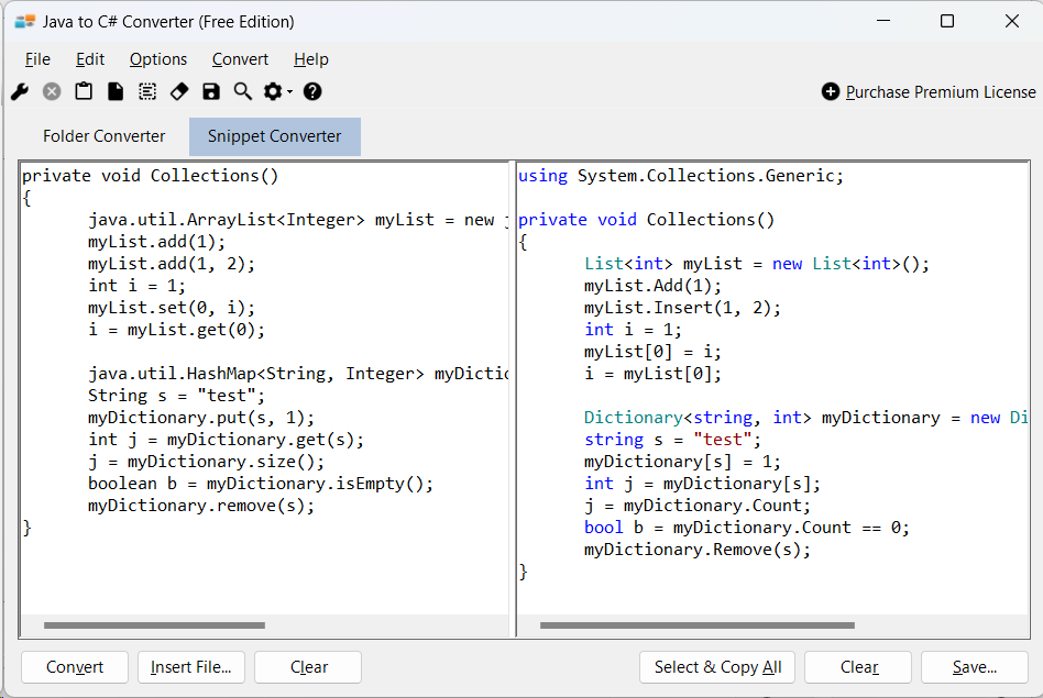 Sample showing Java to C# collections conversion using Java to C# Converter