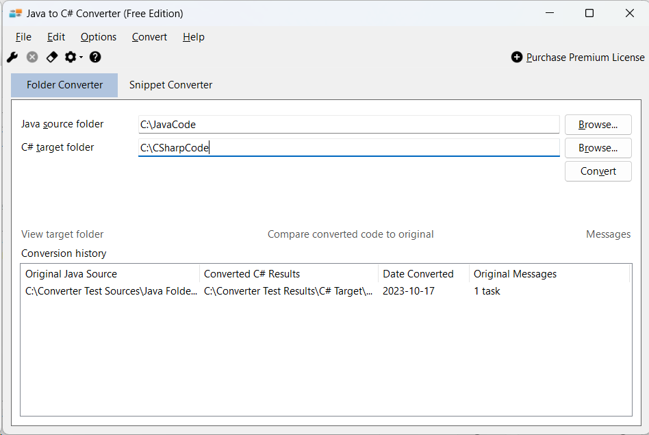 Display of the folder conversion tab of Java to C# Converter