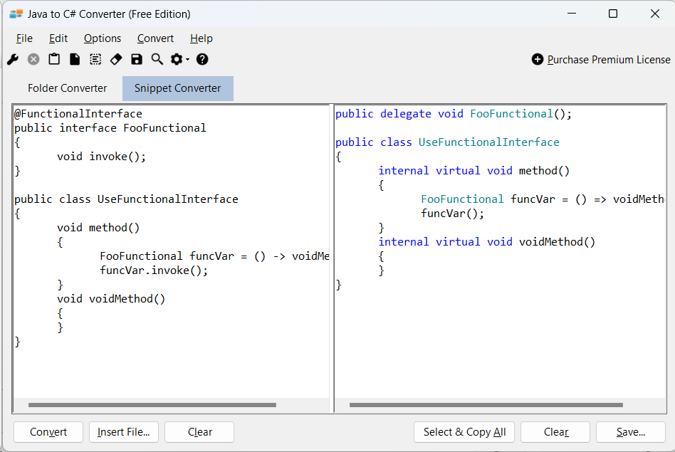 Sample showing Java to C# functional interface conversion using Java to C# Converter