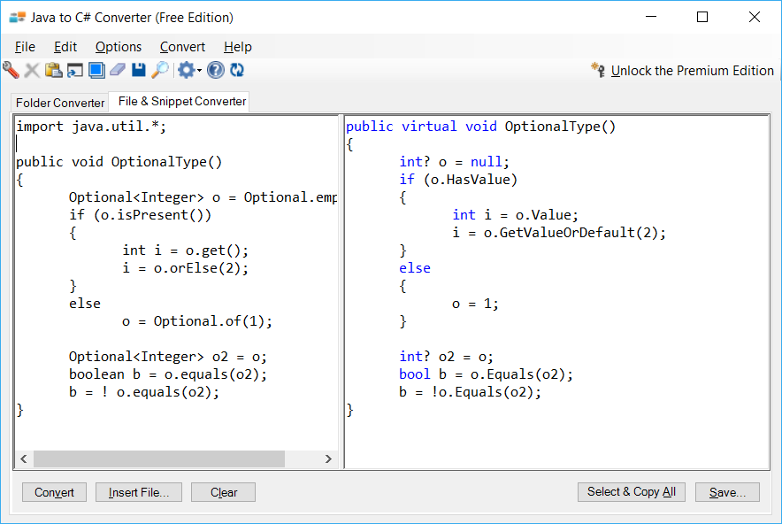 Sample showing Java to C# optional type conversion using Java to C# Converter