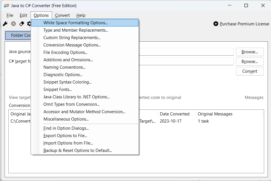 Display of the different option dialogs in Java to C# Converter