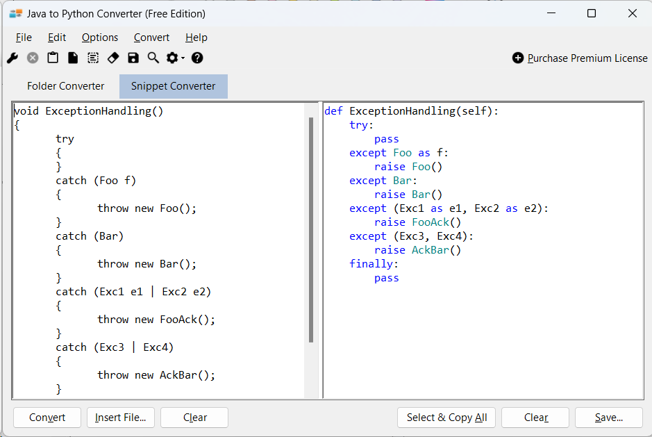Sample showing Java to Python exception handling conversion using Java to Python Converter