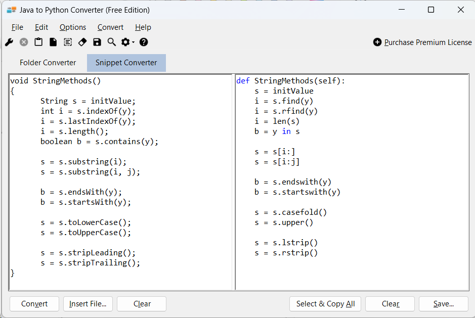 Sample showing Java to Python string conversion using Java to Python Converter